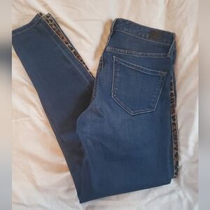 Skinnygirl Broadway High-Rise Skinny Blue Jeans, Sz 27/4 Leopard Print Seams